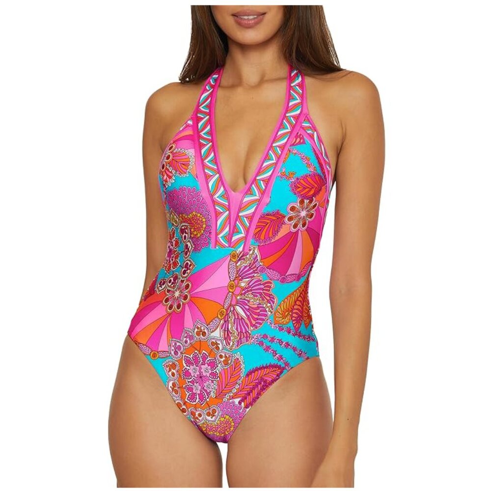 NWT Trina Turk Women's Meilani Border Halter Plunge One Piece Swimsuit